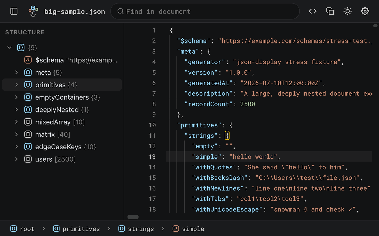 Bonsai's structure panel next to its editor view of a JSON document, dark theme